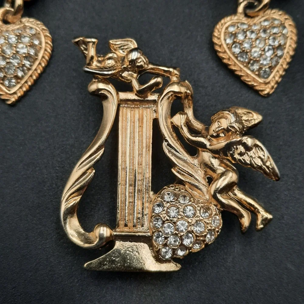 Vintage Premier Designs Gold-tone Cherub Brooch/Pendant & Earring‎ Set